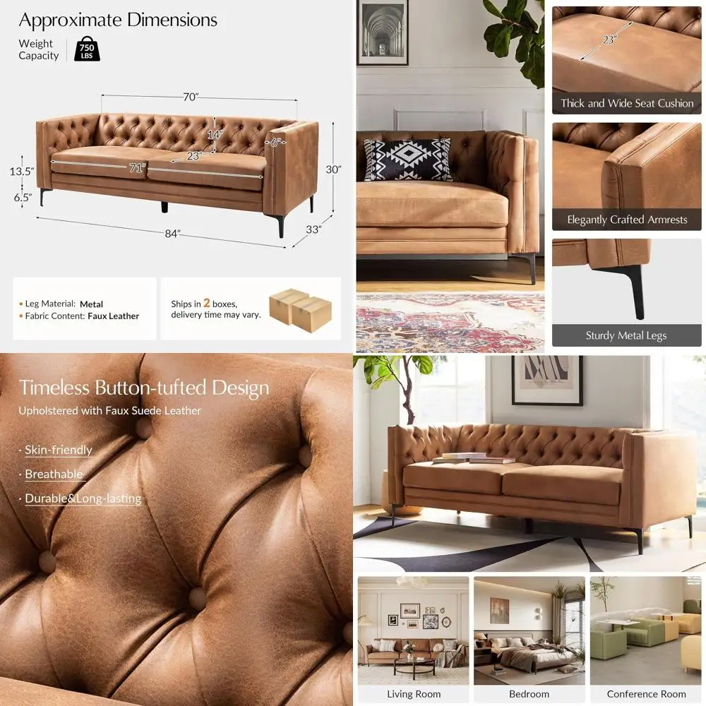 

Широкий кожаный диван 84 дюйма с металлическими ножками, 3-местный диван с пуговичной стежкой, современная обивка в стиле середины века для гостиных