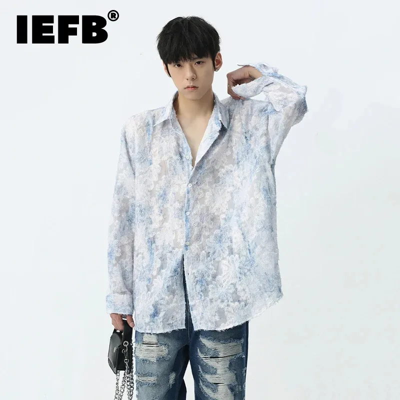 

IEFB New Shirts Three-dimensional Jacquard Lapel Top Long Sleeve Single Breasted Printing Autumn Loose 2024 Male Clothing 9C5386