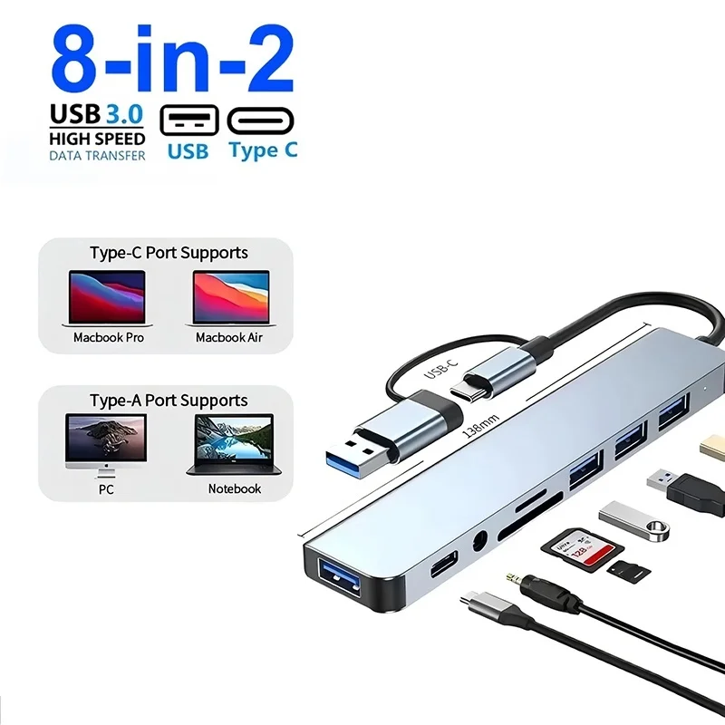 8 In 2 USB 3.0 Type C Expander Adapter USB 2.0 Port TF Card Reader Audio Output Multiport Splitter For Macbook Computer Laptops