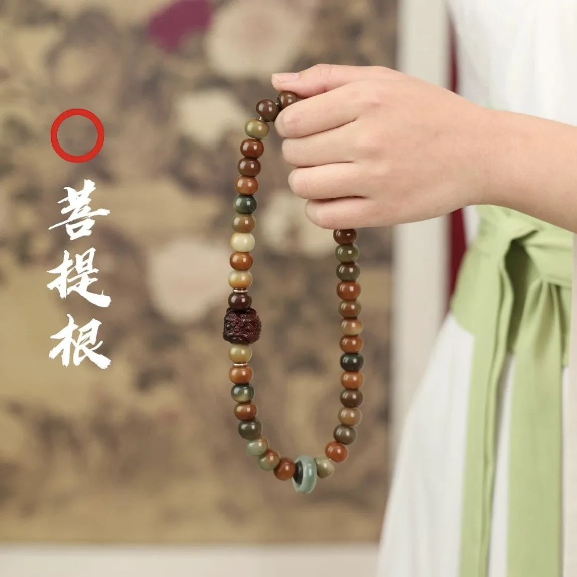 Natural Bodhi Double Loop Bracelet Buddhist Prayer Beads Dunhuang Lion Themed Wrist Mala for Meditation and Gifts