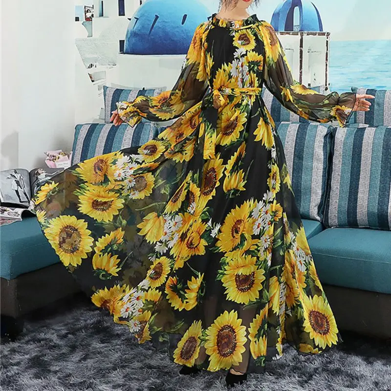 2023 Boho Beach Sunflower Print Maxi Dress Fashion Women Long Dress Full Sleeve Party Holiday Muslim Travel Photo Vestidos Robe