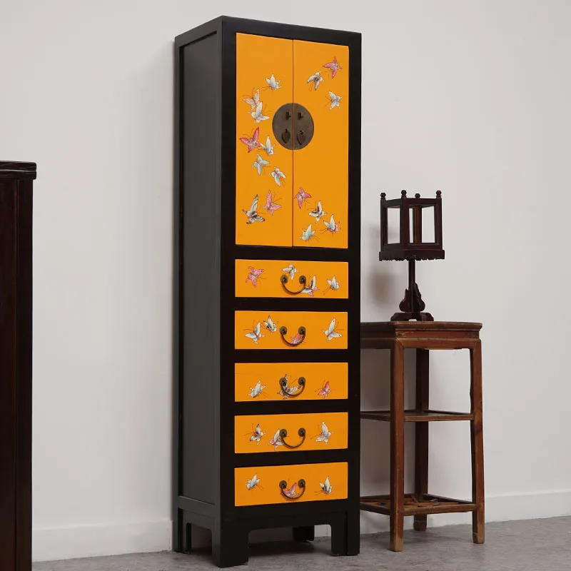 New Chinese solid wood painted wardrobe living room foyer bedroom decorative cabinet retro furniture hand-painted