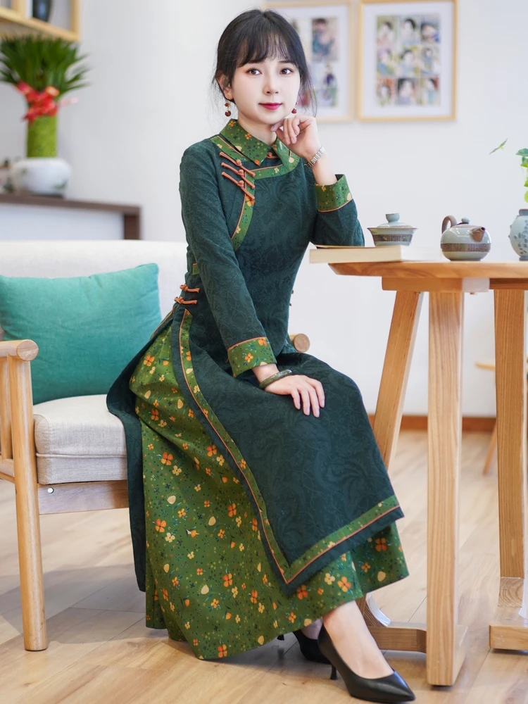 

Ele Long Qipao Dr Slimming Sle Autumn Winter Faion Retro Wind Chinese Culture Cotton Blend Long Sve Women Dr