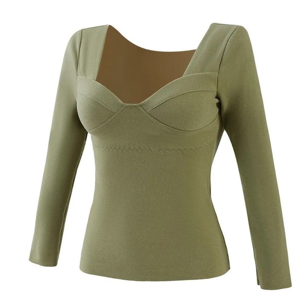 Keep Warm V Neck Women Thermal Clothes Solid Color Velvet Fleece Thermal Underwear Invisible Feel Heating Warmth Long Tops Lady