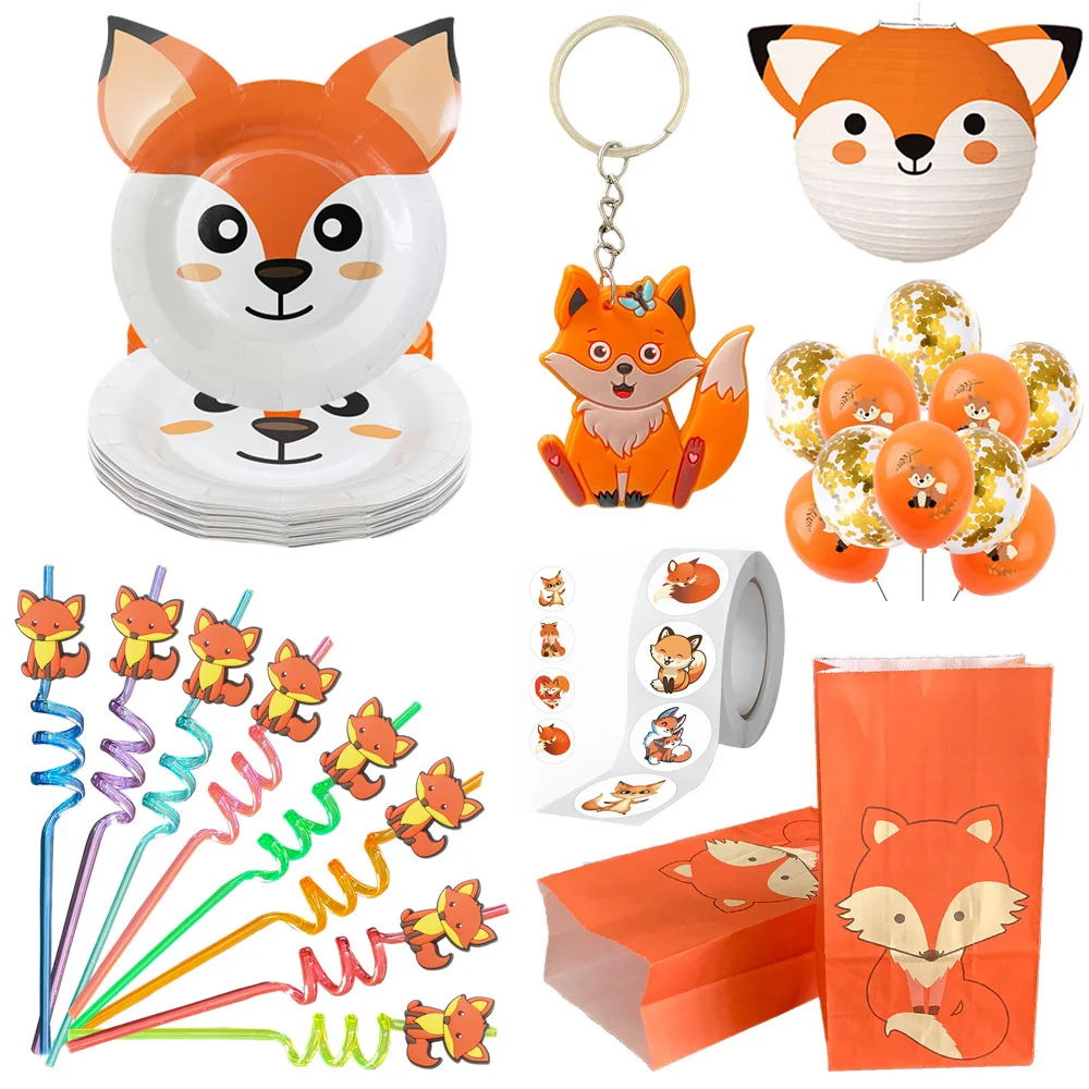 Fox Birthday Decorations Fox Party Faovr Gift Bags Keychains Straw for Kids Woodland Baby Shower Supplies