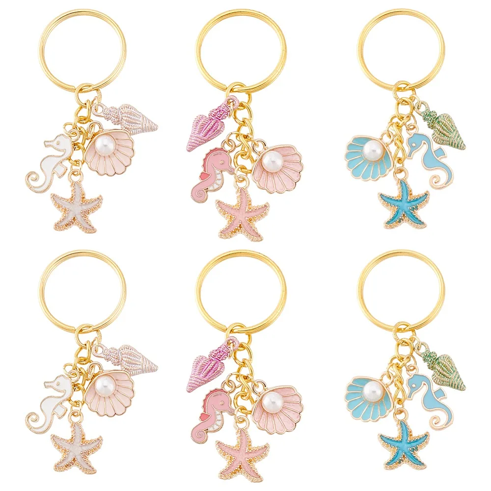 

6Pcs 3 Colors Alloy Enamel Pendant Keychain with Iron Key Rings Sea Horse/Starfish/Shell Shaped Ocean Theme Mixed Color 68mm