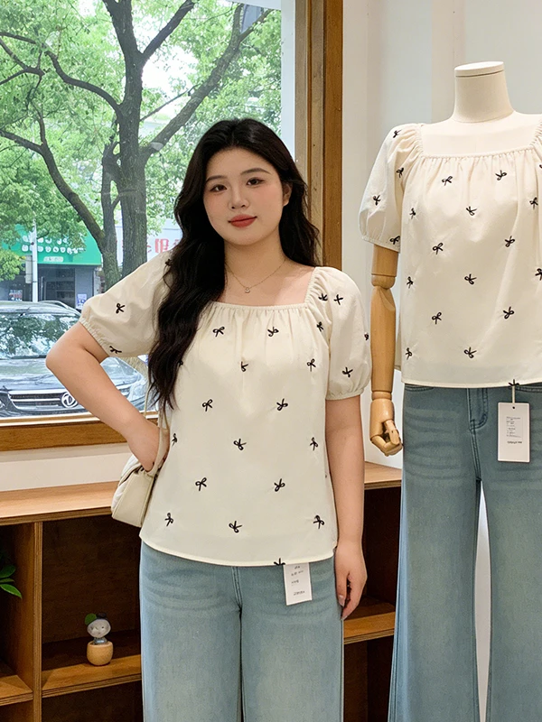 

Slimming Large Size Knot Short Sleeve Square Collar Women's Shirt Korean Style Commute Fashion Summer New Arrival