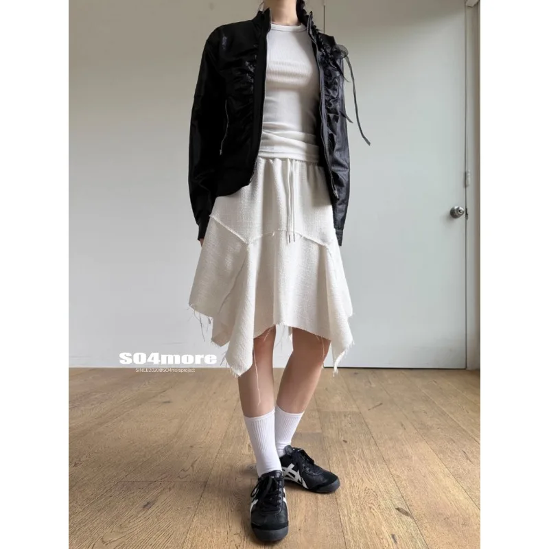 Korean Retro Irregular Loose Casual A-line Skirt Women 2024 Spring New High Waist Solid Color All Match Tassel Knee-length Skirt