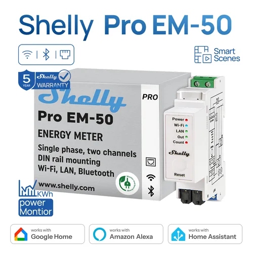 Imagen 1 del producto Shelly Pro EM 50A Wifi DIN carril montable 2 canales monofásico medidor de energía interruptor integrado con Control de contactor de contactos