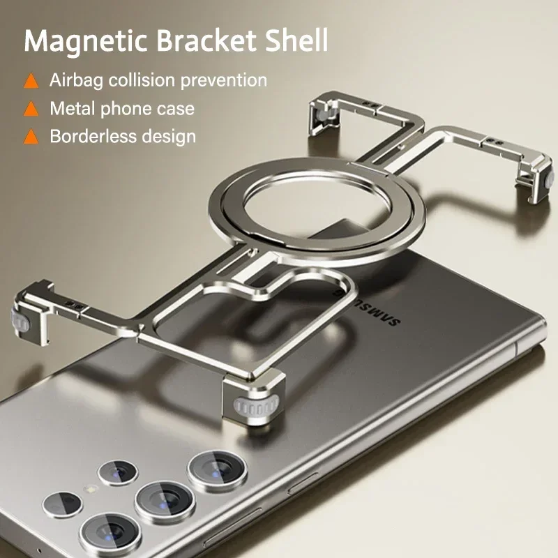 Luxury Magnetic Stand Aluminum Alloy Frameless Metal Phone Case For Samsung Galaxy S24 Ultra Plus Shockproof Metal Rimless Cover