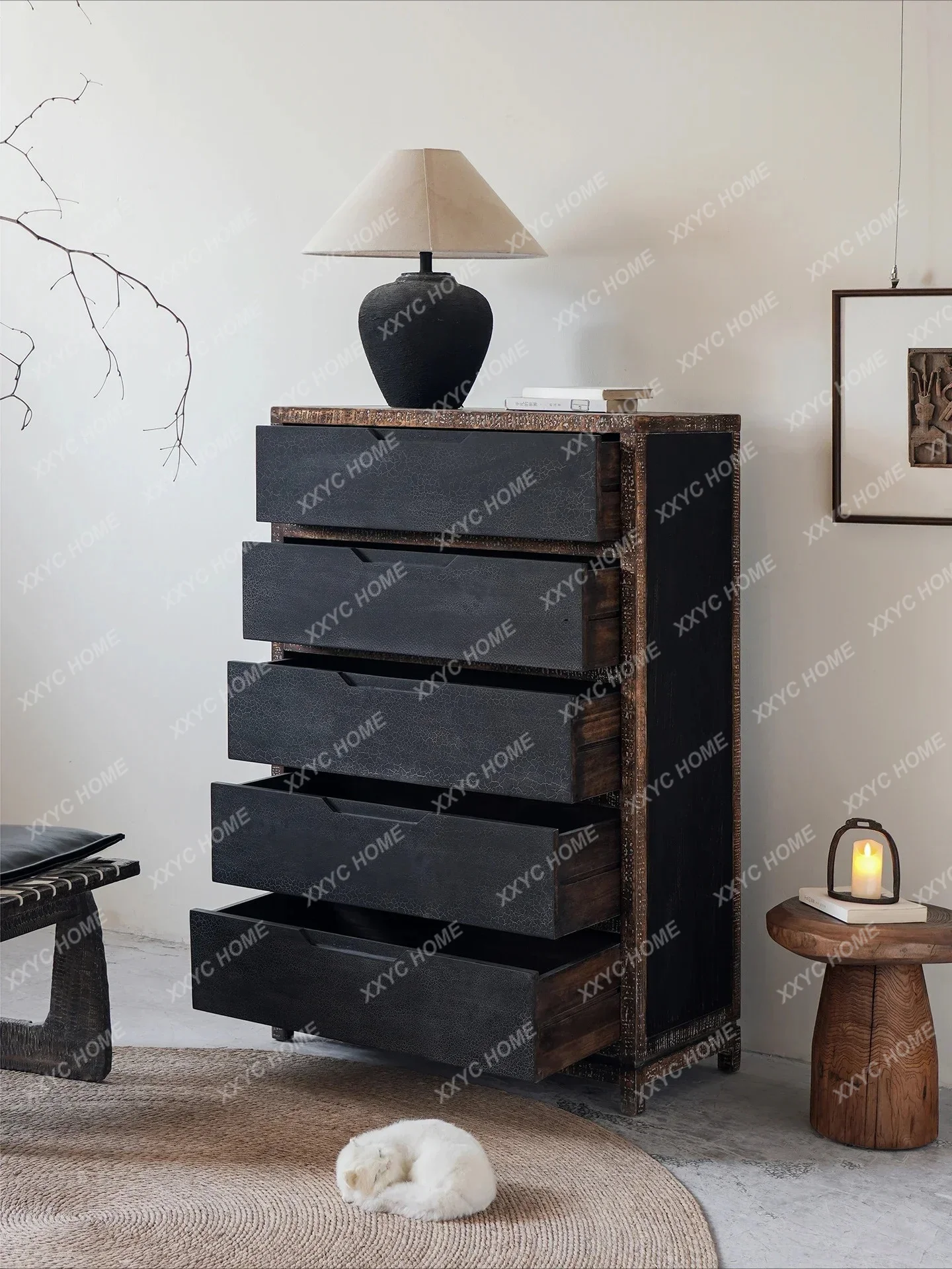

L Sandy Wind Solid Wood Bucket Cabinet Living Room Wall Entrance Decorative Cabinet