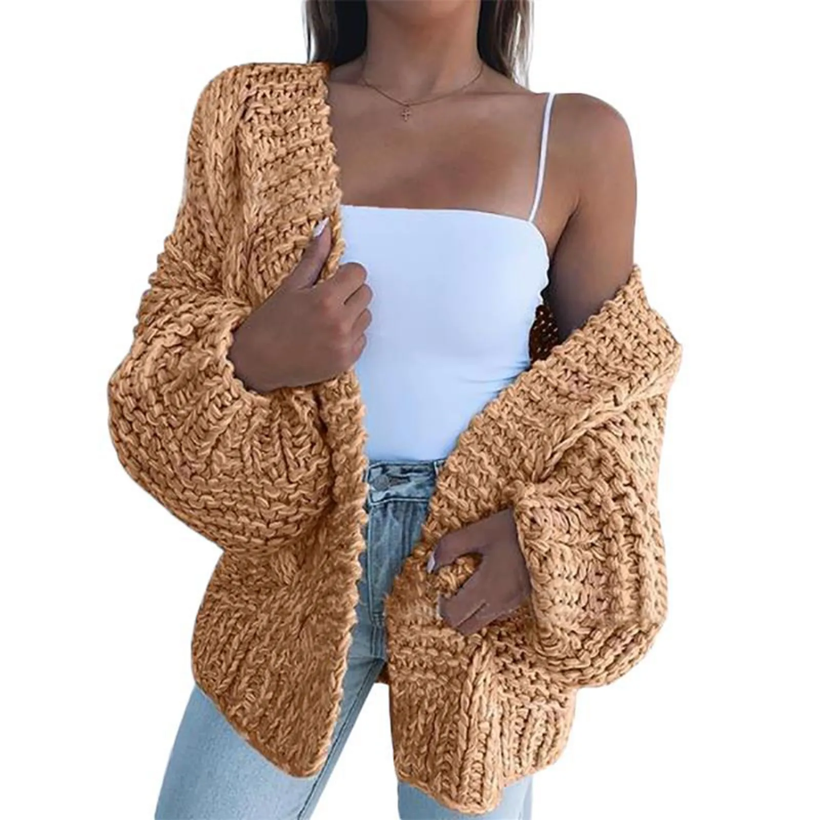 Women Autumn Fashion Warm Chunky Knitted Sweater Cardigan Casual Versatile Solid Colour Coat Loose Comfort Lantern Sleeve Coat