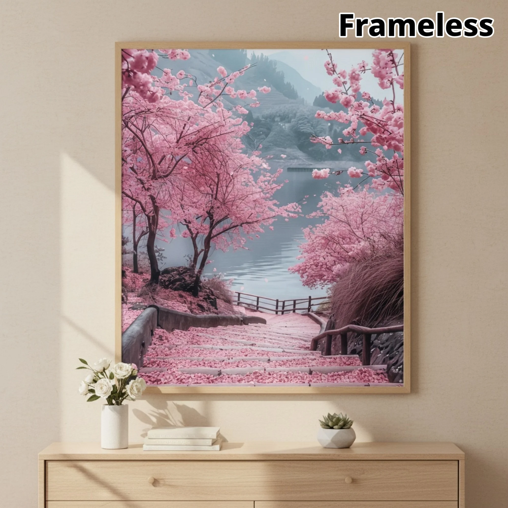 1PC frameless Cherry Blossom Road 5D Diamond Painting Kit, Frameless 29.97x40.13cm, Full Round Acrylic Mosaic Craft