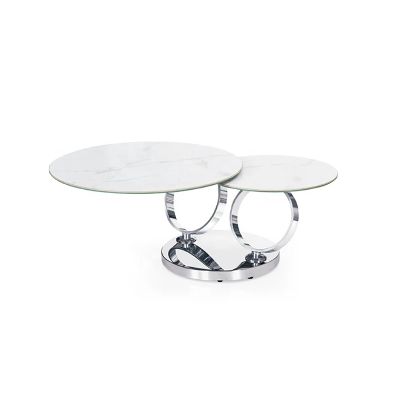 Home Furniture Luxury Expandable Two Round Ceramic Top Stainless Steel  Base Coffee Table