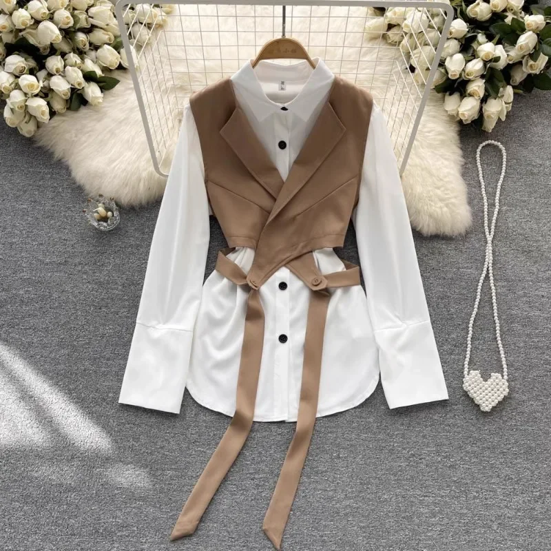 Turn Down Collar Single-breasted Shirt Suit+y2k Sleeveless Vest Outfits Autumn High Grade Set Women 2 Pieces