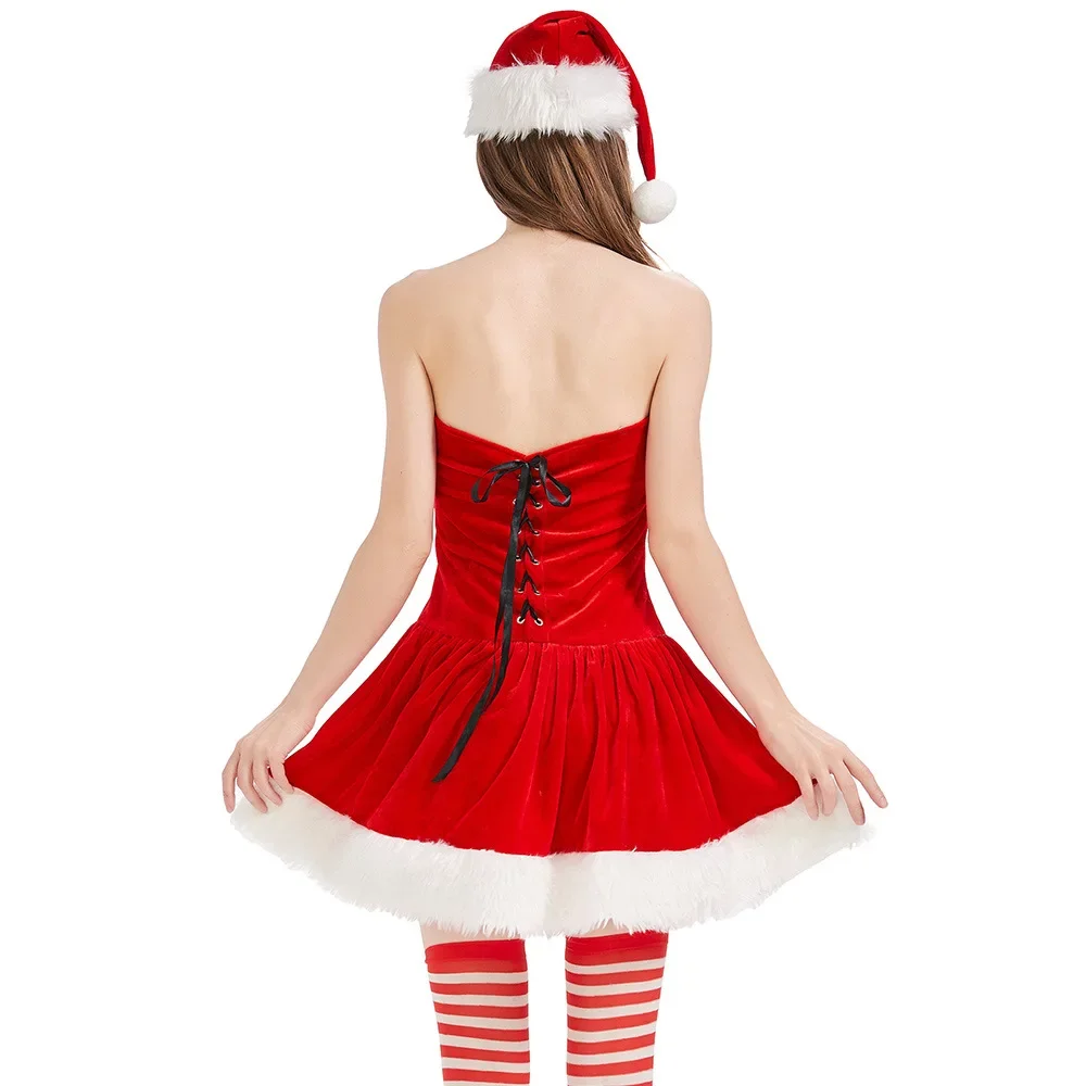 Santa Claus Cosplay Dress for Women Christmas Puffy Dress Xmas Party Velvet Dress Sexy Adults Lady Christmas Slim Fit Tube Dress