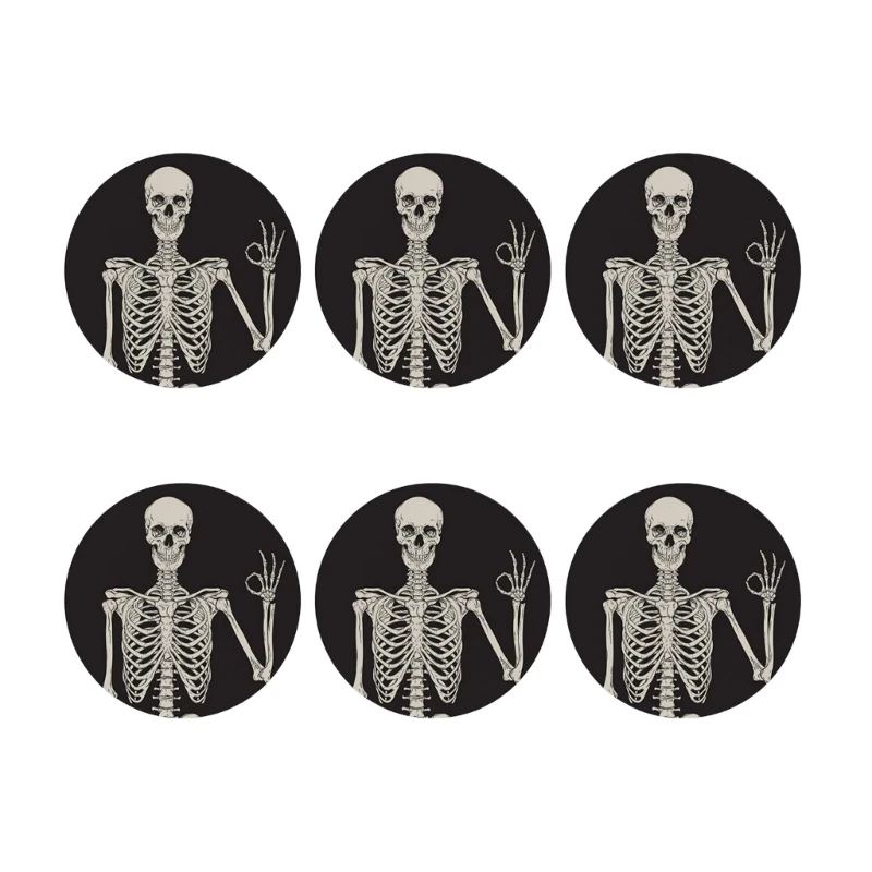 

6Pcs Ceramic Stone Round Beverage Coasters Skeleton Skull Pattern Cup Coasters