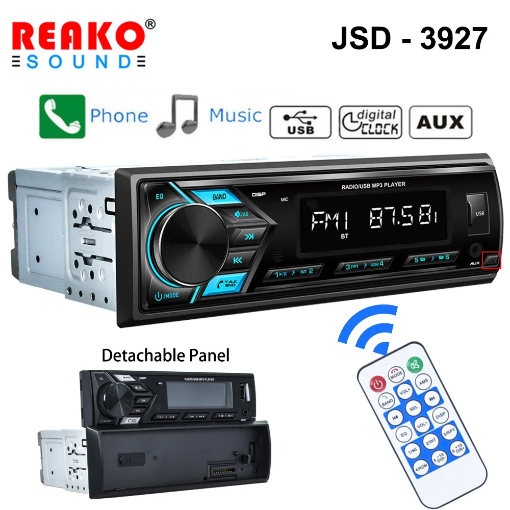 REAKOSOUND Car MP3 Player detachable panel  FM Radio Tuner with LED Segment Displays AUX Input USB Charging Function