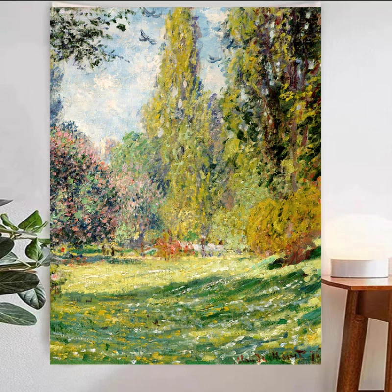 VIKAMA Impressionist Garden Tapestry Wall Hanging Oil Painting Trees Flowers Park Vintage Aesthetic Wall Art Bedroom Dorm Decor