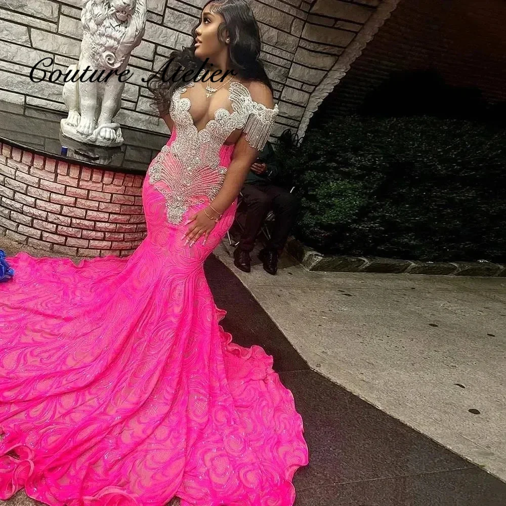 

Hot Pink Off Shoulder Long Prom Dress For Black Girls Beaded Crystal Tassel Birthday Party Dresses Evening Gowns Customized