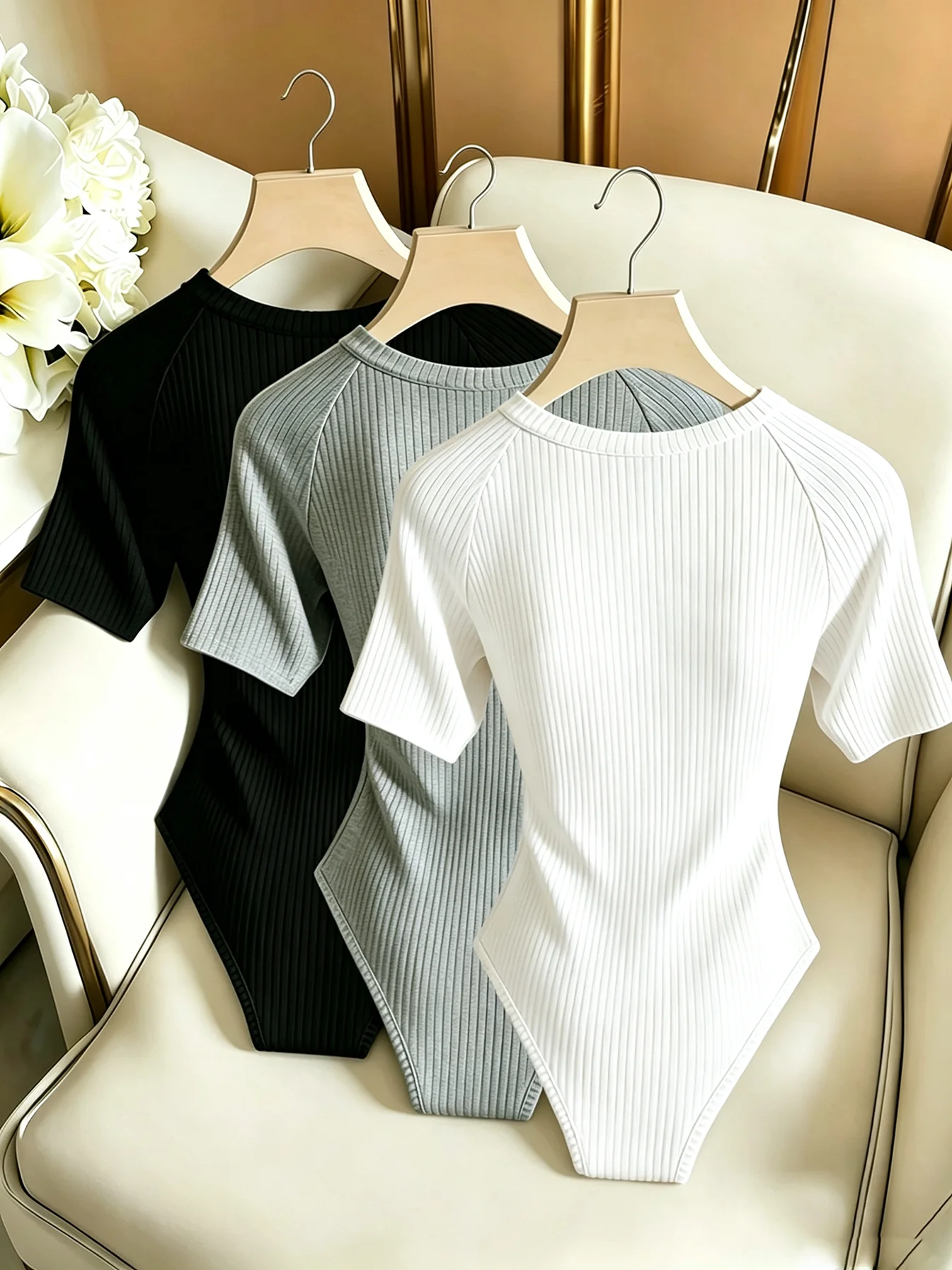 Ribbed Crew Neck Short Sleeve Bodysuit Women Elegant Raglan Sleeve Slim Fit Jumpsuit Stretchy Solid Basic Bodycon Top