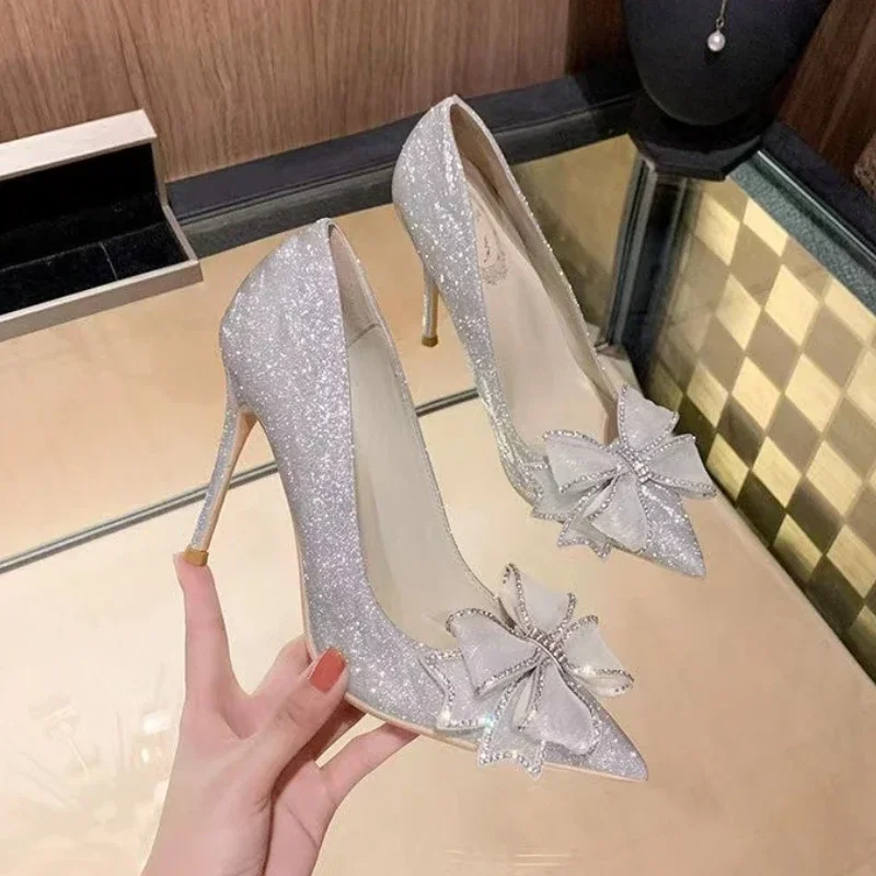 Women\'s Pumps Cinderella Shoe Rhinestone High Heels Women Pointed Toe Bow-knot Shoe Crystal Party Wedding Shoes Zapatillas Mujer