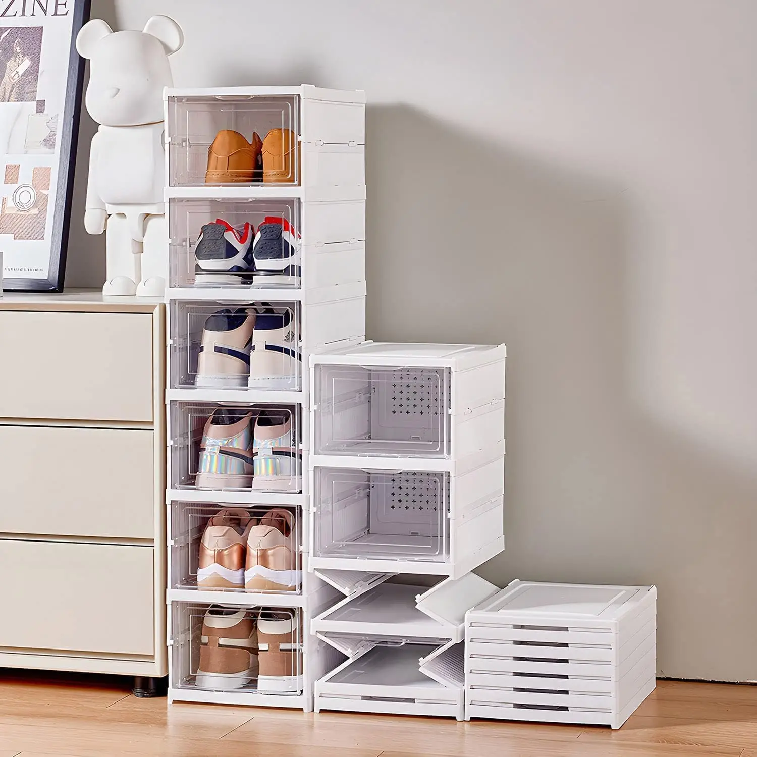 

6 Layers Shoes Box Foldable Shoe Storage Organizer Dustproof Stackable Shoe Rack Organizer Space-Saving Integrated Cabinet Shelf