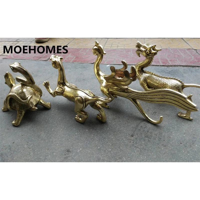 MOEHOMES 4pcs/set ancient Chinese myth 4 sacred animals copper brass geomancy fengshui statue - family decoration metal crafts