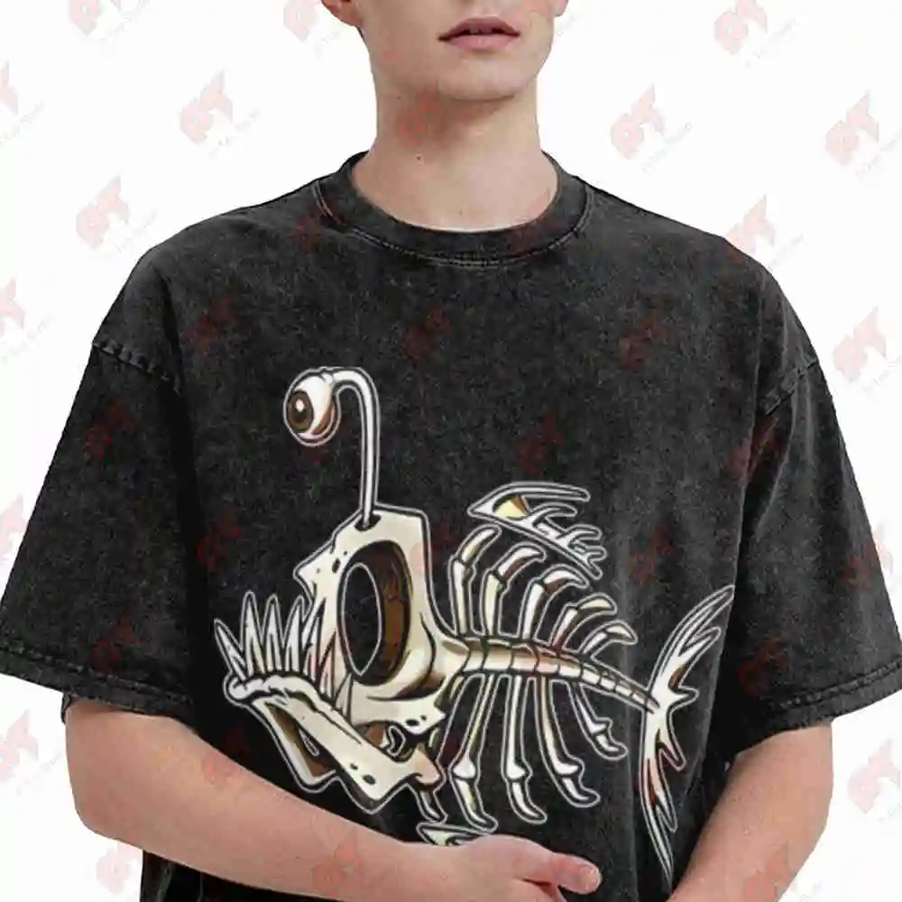 Bone Fish Weird Skeleton Vintage Washed Tee Pure Cotton T-Shirt