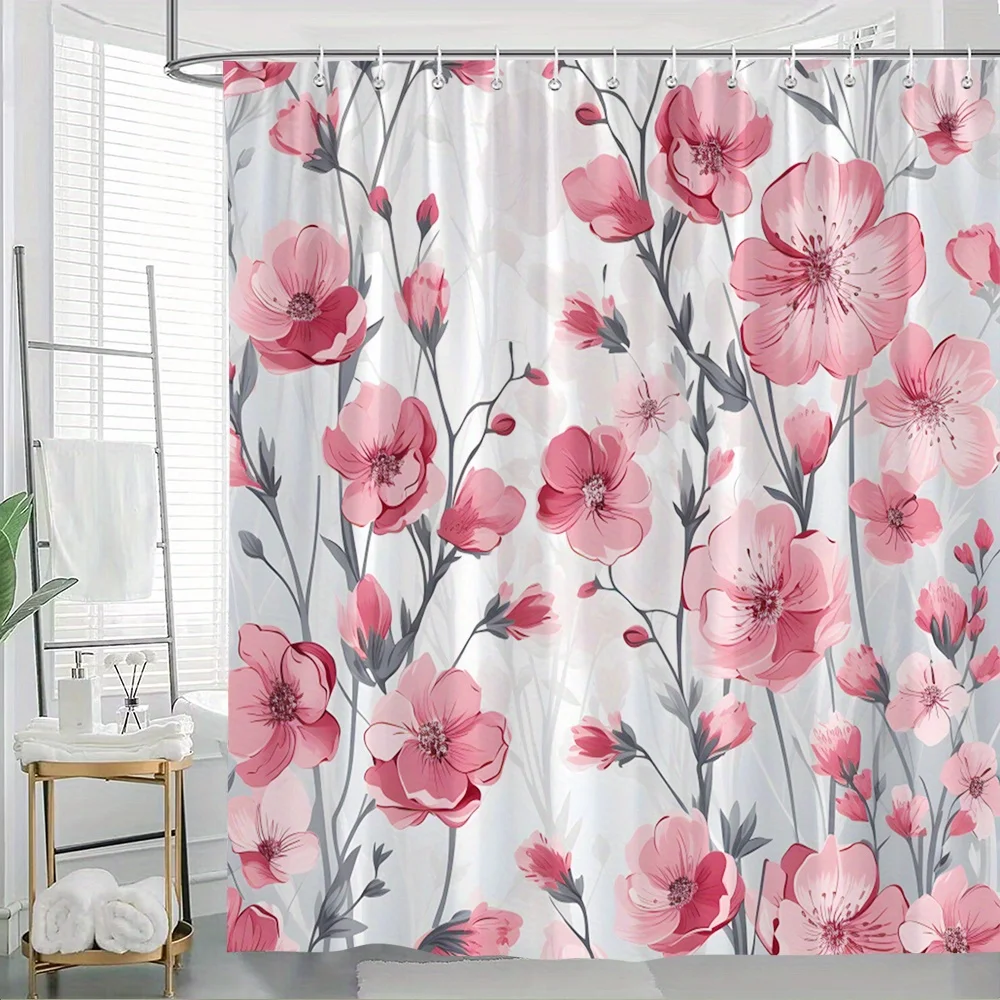 

1 занавеска для душа Pink Cherry Blossom — цветочный узор с эффектом омбре, розовые цветы и зеленые листья, полиэфирная ткань, можно стирать в машине