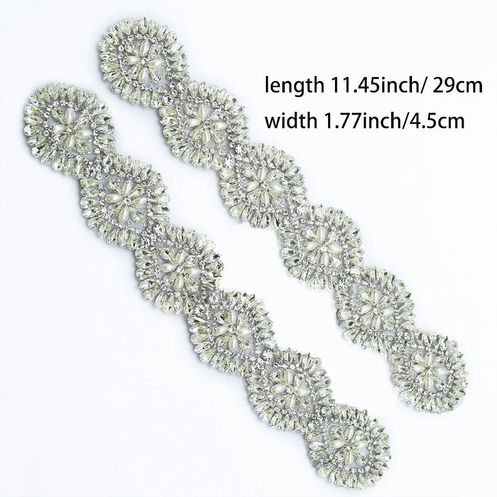 29cm Crystal Rhinestone Pearl Trim Iron‑on Flower Band For Wedding Sash Party Gown Hat Garment Ornament