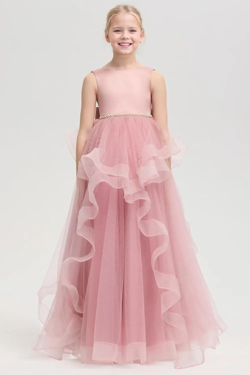 V 백 플라워 걸 드레스 튤 파티 드레스 소녀용 진주 프린세스 퍼프 생일 파티 프로무 드레스 소녀용 드레스