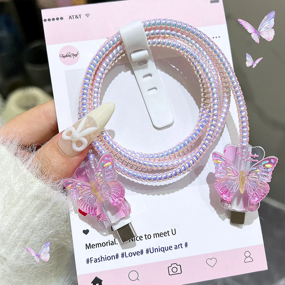 Pink Crystal Butterfly Charging Cable Protector Winder Accessories For iPhone 18W 20W Data Line Spiral Protective New