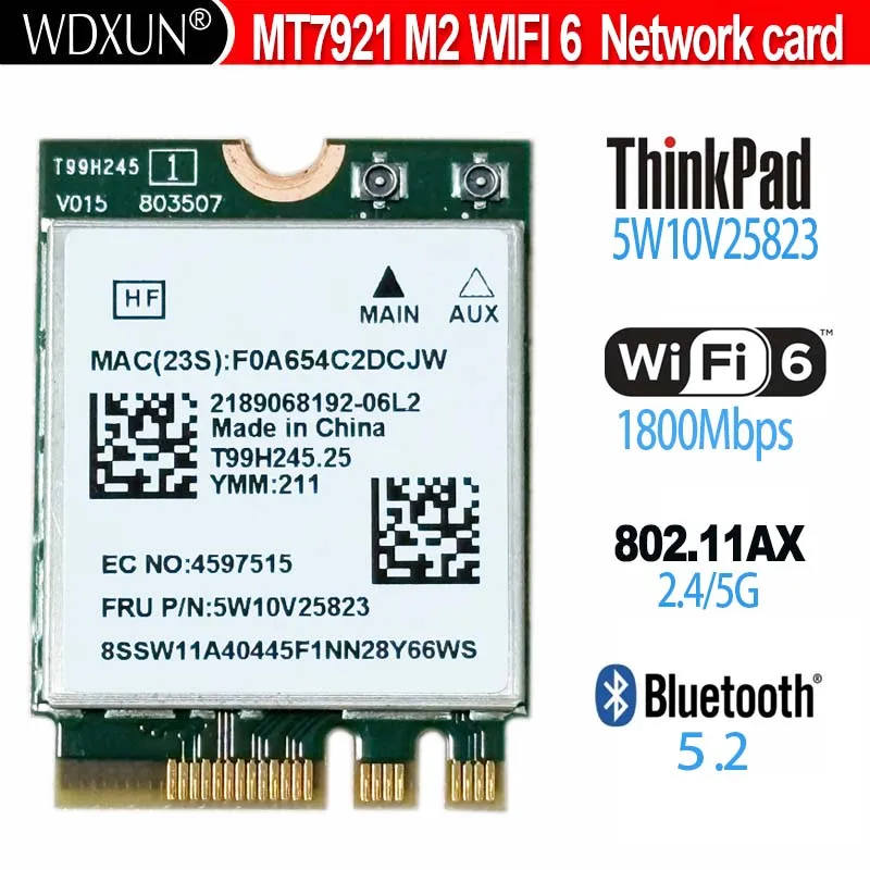 

NEW MT7921 WiFi6 wireless card 1800Mbps Bluetooth 5.2 5W10V25823 for ThinkPad X13 L13 T14 P14s T14s E14 L14 E15 L15