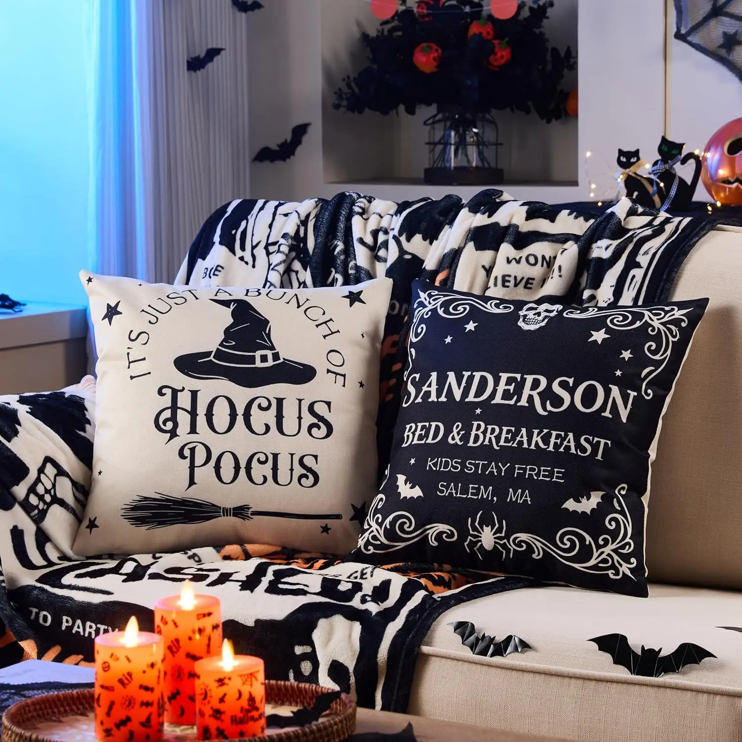 Halloween Decorations Pillow Covers 18x18 Inch,Set of 4 Vintage Halloween Decor Indoor Outdoor Throw Pillow Covers, Hocus Pocus Farmhouse Saying Linen Cushion Case for Home Sofa Couch Bedroom Chair