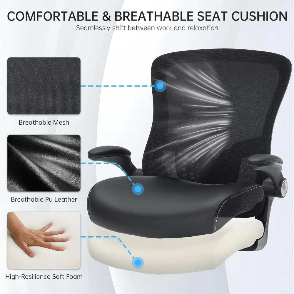 كرسي مكتب مريح، كرسي دوار للكمبيوتر المكتبي شبكي قابل للتنفس في منتصف الظهر مع دعم قطني قابل للتعديل، أذرع قابلة للطي، جلد PU #5