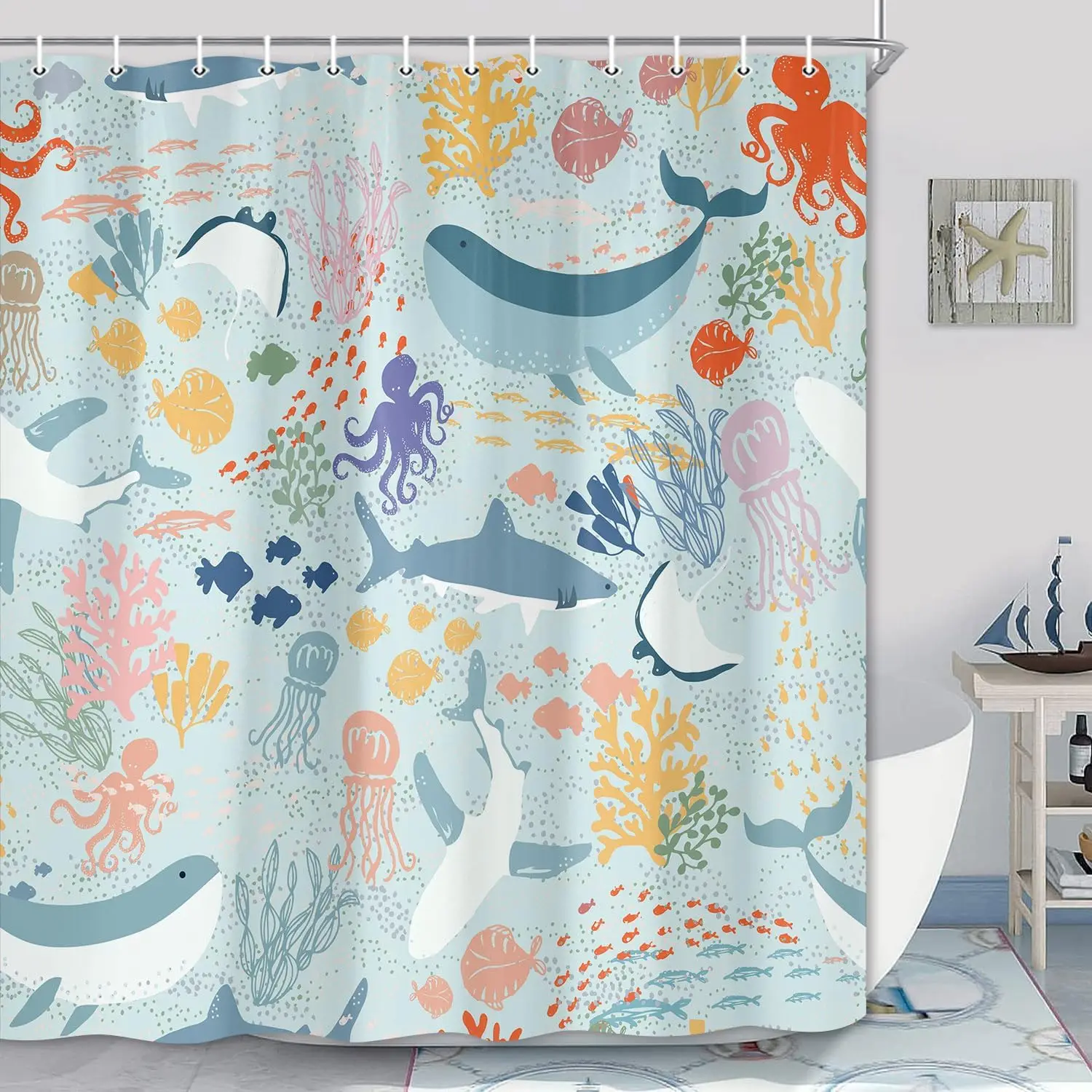

Акула и океанская рыба, абстрактная занавеска для душа, синяя подводная животное в стиле бохо, детский декор для ванной комнаты с героями мультфильмов
