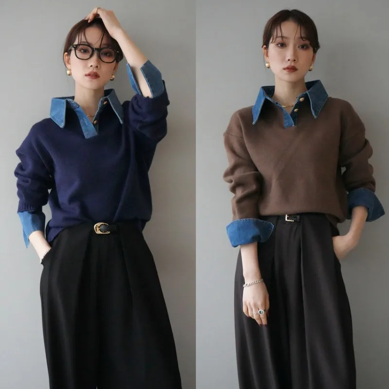 

Korean Style Polo Collar Denim Patchwork Fake Two-Piece Sweater Women's Fashion Versatile Long Sleeve Knitted Pullovers Sweaters
