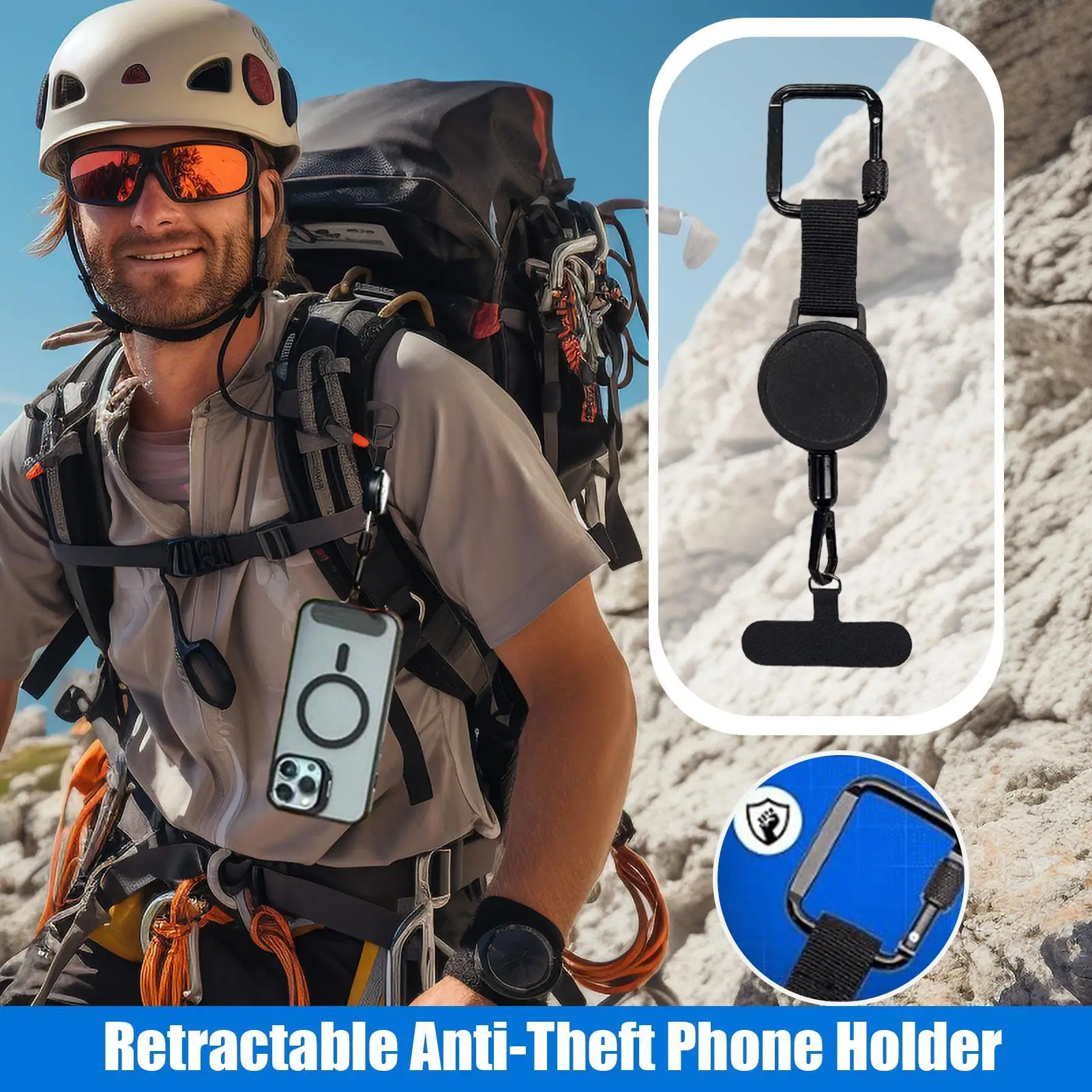 Smartphone Safety Lanyard Stra With Carabiner Retractable Anti-Theft Phone Holder Anti-Drop Harness For Hiking Cycling Climbing