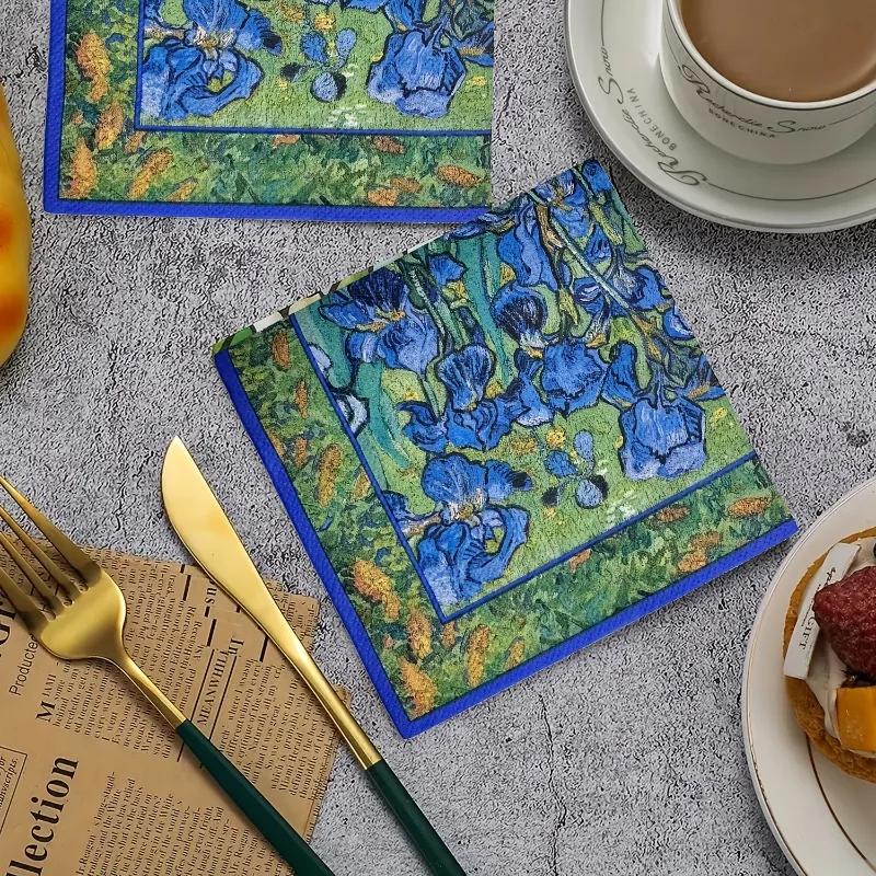 2D Flach, Van Gogh Iris |   Faltbare Cocktail-Servietten, Ölgemälde-Blumendesign-Servietten, Getränkeservietten, Innovative Dekorative Servietten