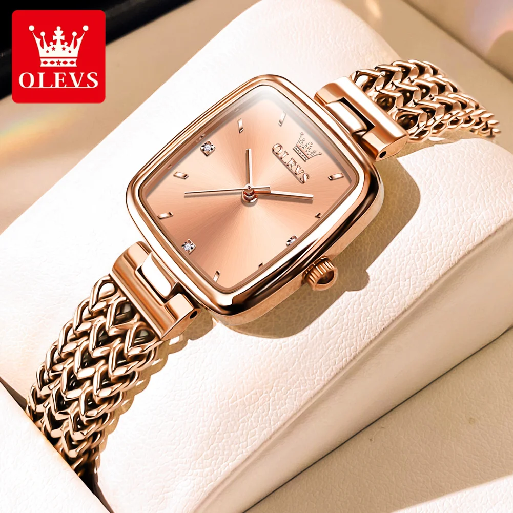 OLEVS Women\'s Quartz Watch Fashion Rose Gold Elegant Women\'s Watch Stainless Steel Simple Square Waterproof Women\'s Watch 9951