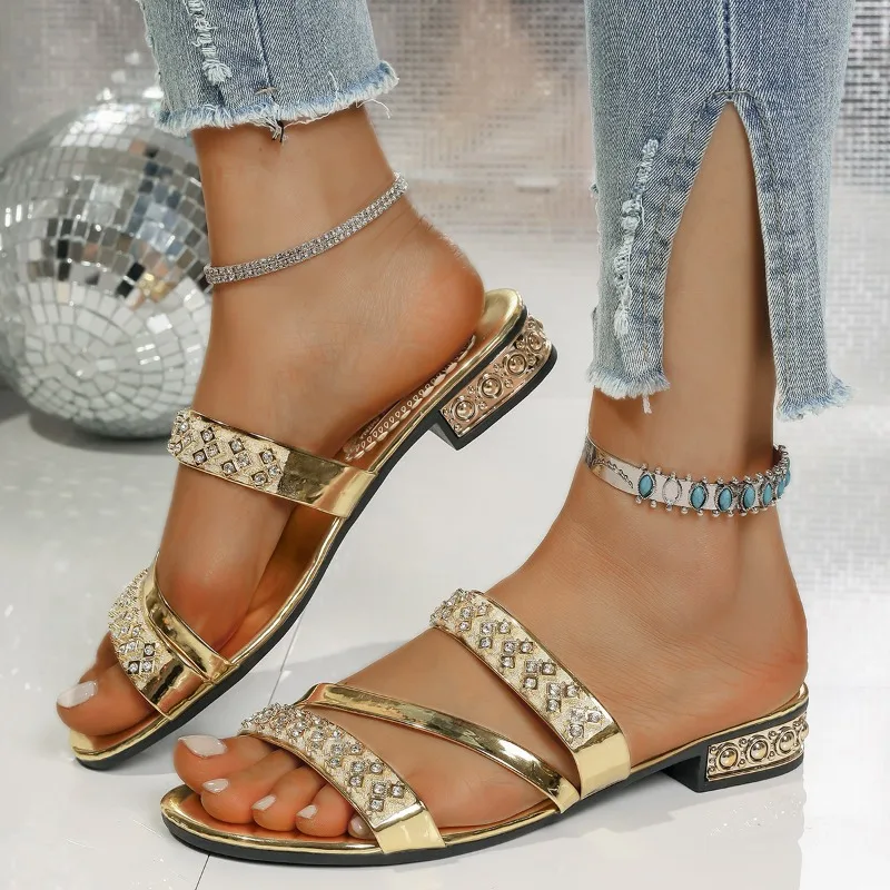 Summer New Women Slippers Medium Heel Thick Heel Slippers Open Toe High Heel Rhinestones Shoes Lightweight Sandals Slides Women