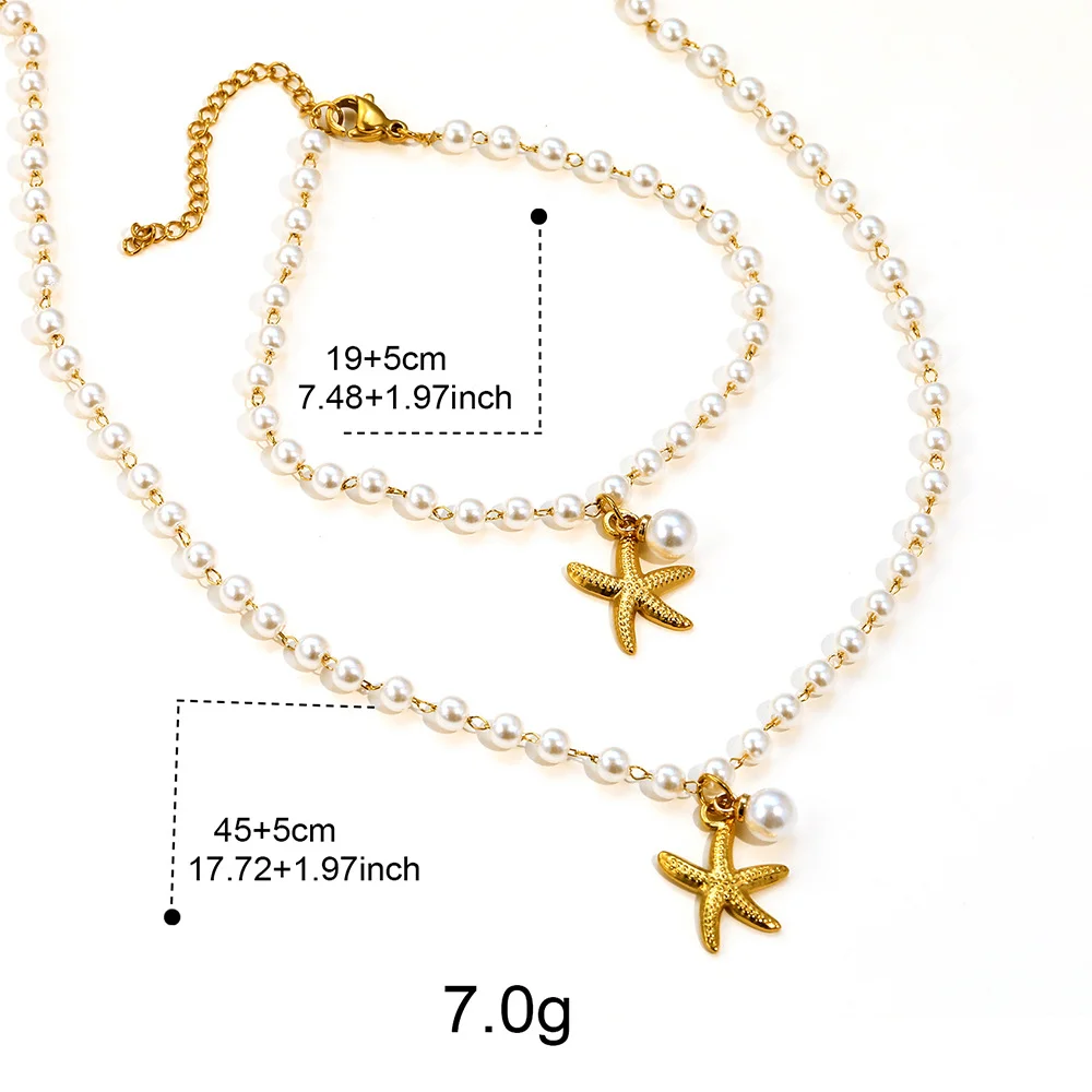 Boho style pearl starfish bracelet and necklace set, waterproof and colorfast, women's jewelry, wedding party accessories