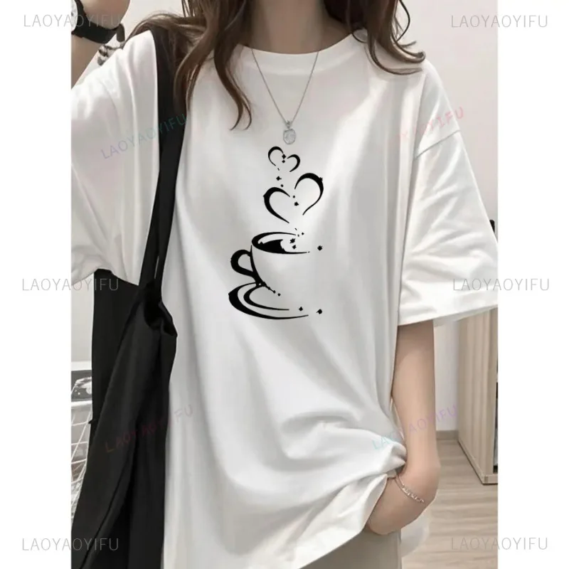 

Кофейная чашка с сердцебиением и принтом, женская футболка в повседневном стиле, дышащая модная летняя хлопковая футболка высокого качества с коротким рукавом