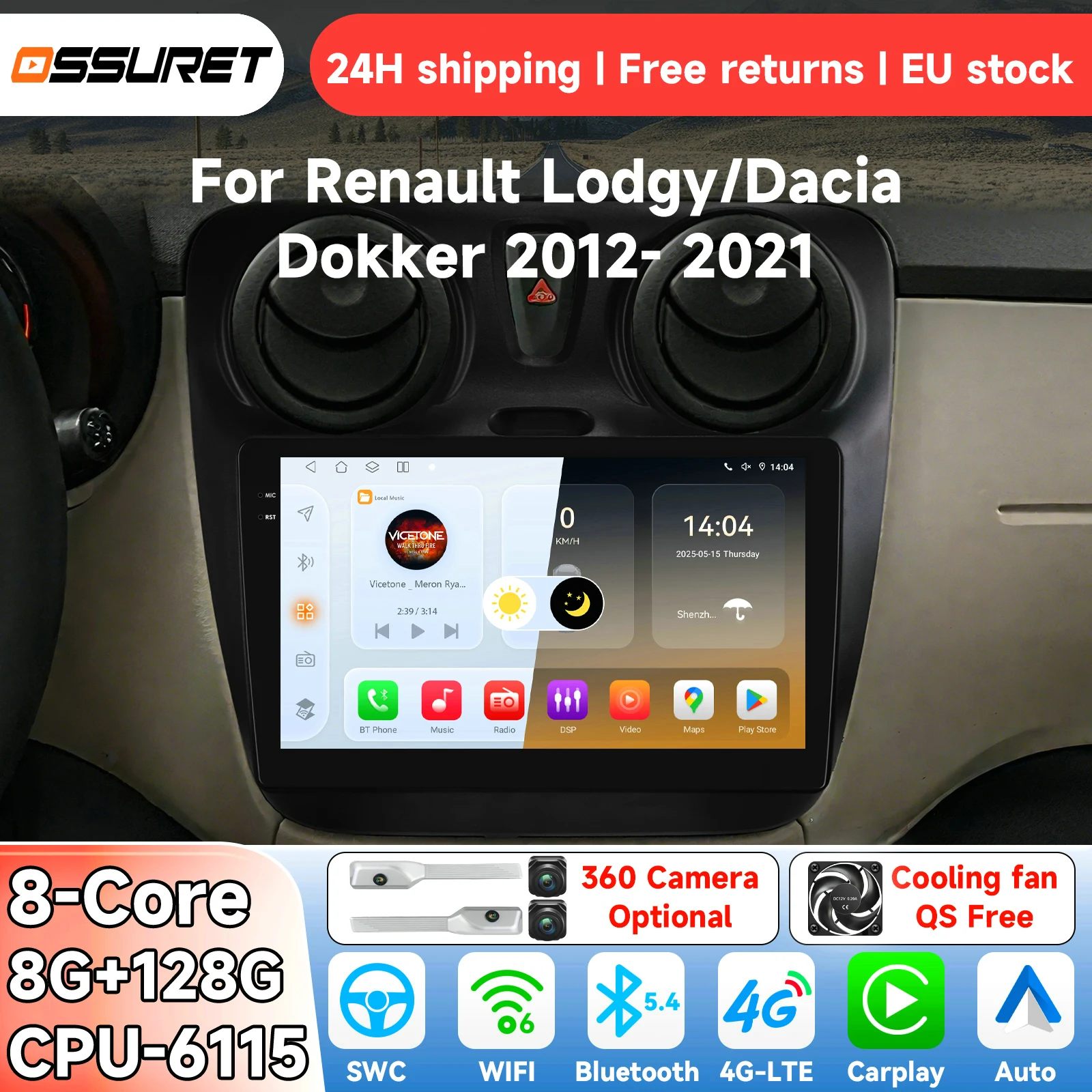 OSSURET AI Android14 Autoradio per Renault Lodgy Dacia Dokker 2012 -2021 Sistema intelligente Carplay auto Lettore multimediale video GPS 4G 6115