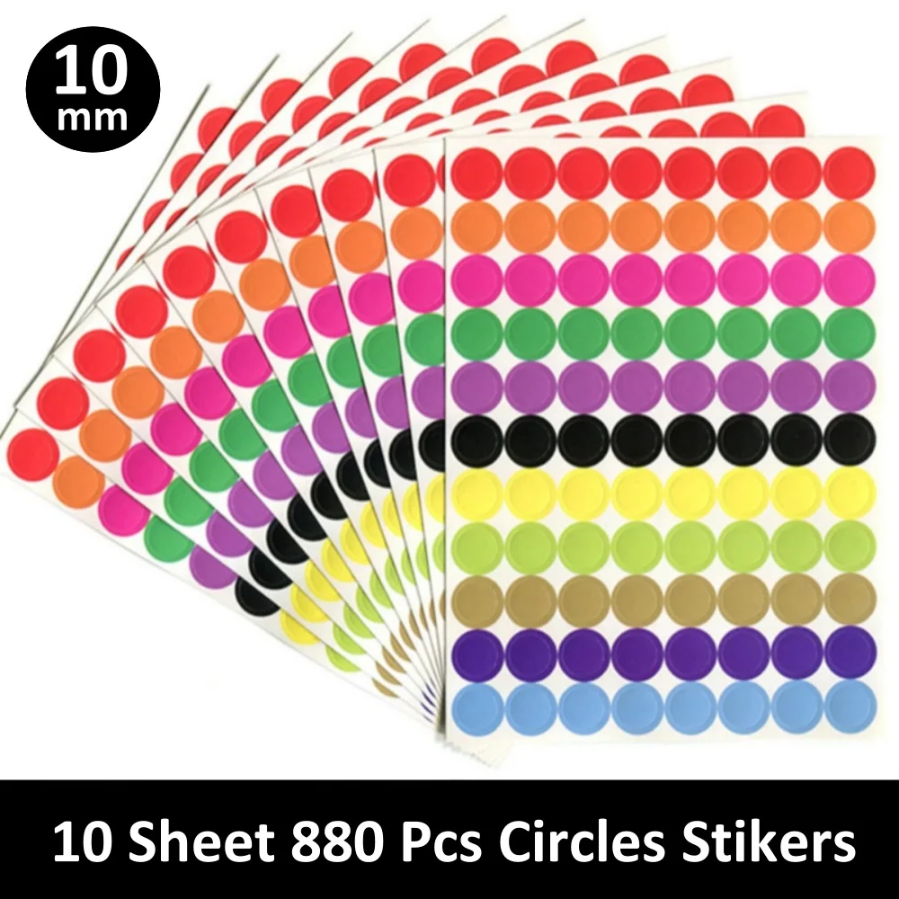 880pcs/10 Sheet 10mm Round Spot Circles Sealing Stiker Paper Labels Coloured Dot Stickers Adhesive Package Label Kids Toy Gift