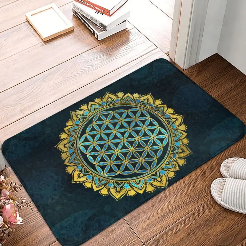 Flower Of Life Gold An Blue Texture Glass Front Door Floor Entrance Mats Mandala Geometric Pattern Bathroom Kitchen Carpet Rug