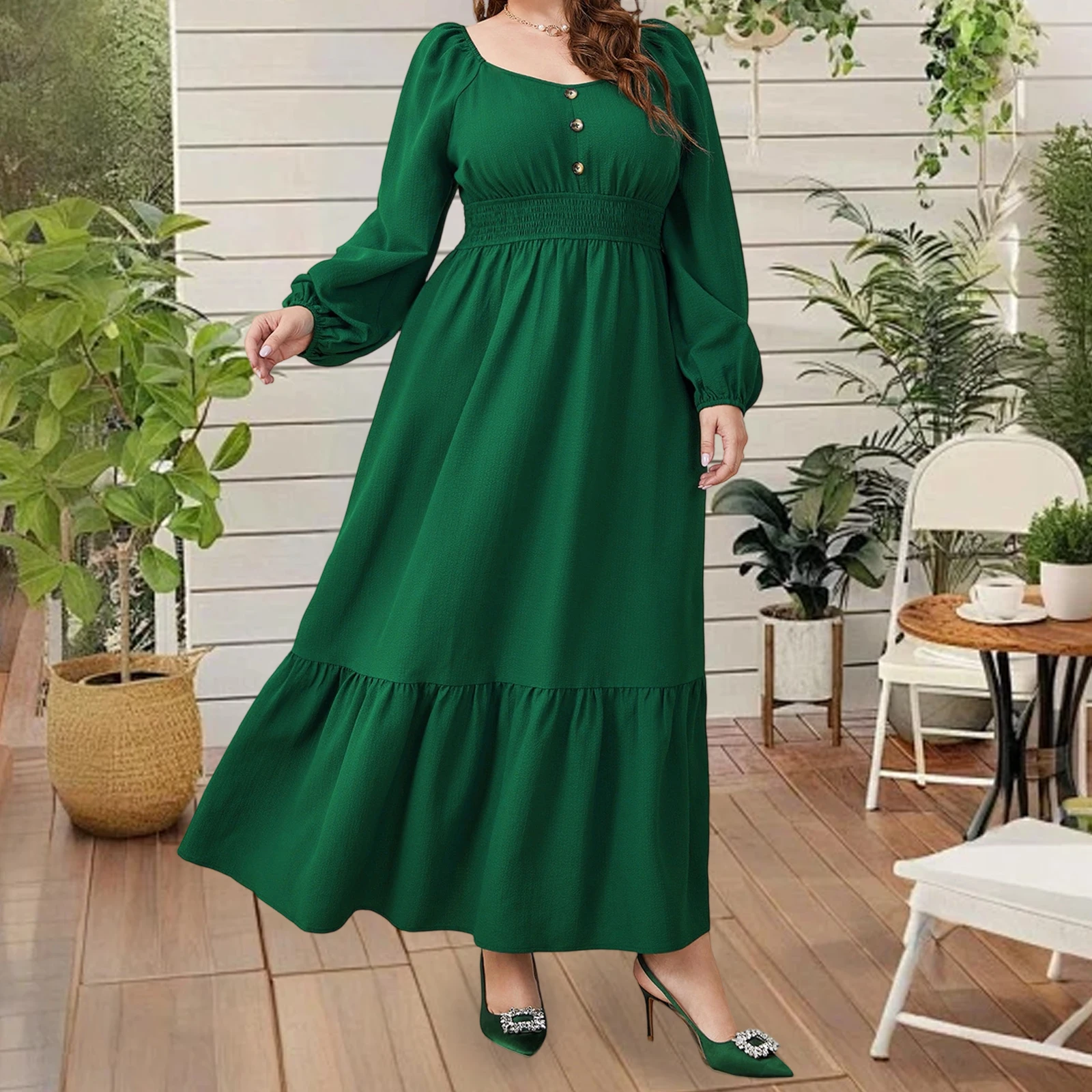 2025 Vroege herfst dames midi-jurk met V-hals, lange mouwen, effen kleur, knoopsluiting aan de voorkant, grote maten, vloeiende jurken
