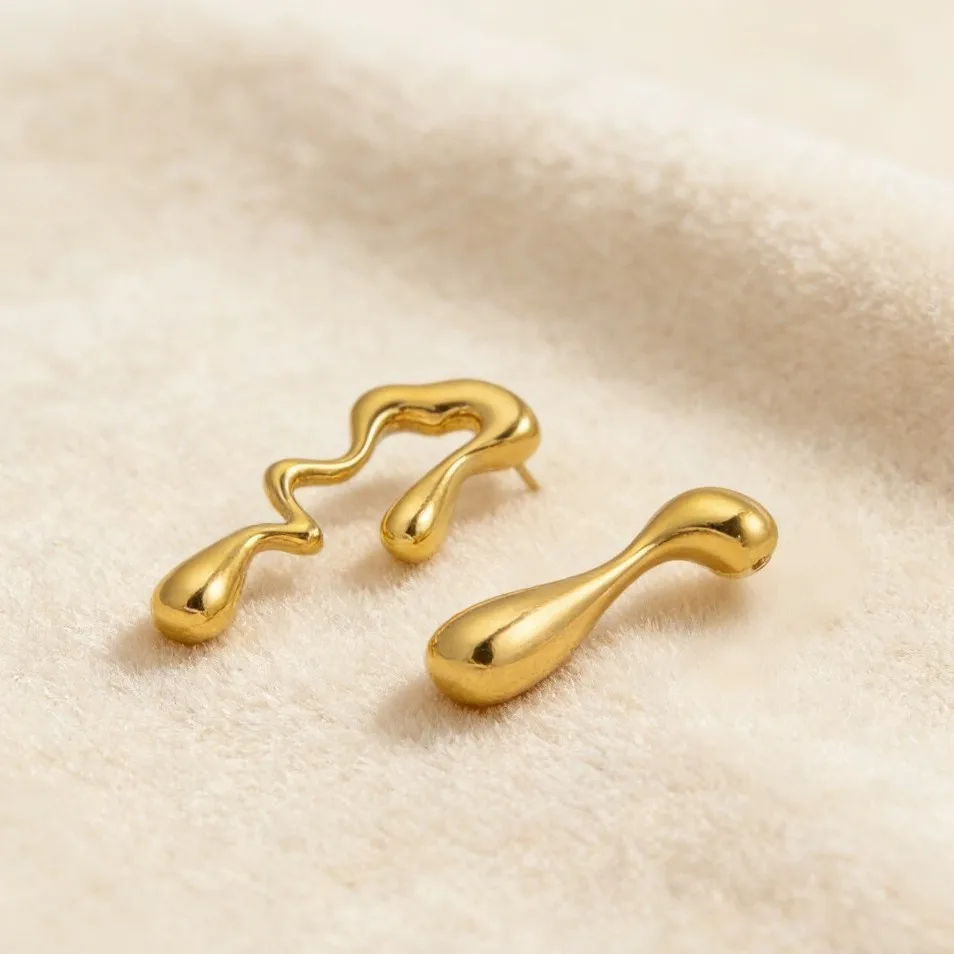 316 Stainless Steel Asymmetrical Wave Teardrop Fluid Stud Earrings Gold Silver Abstract Liquid Long Slimming Daily Jewelry
