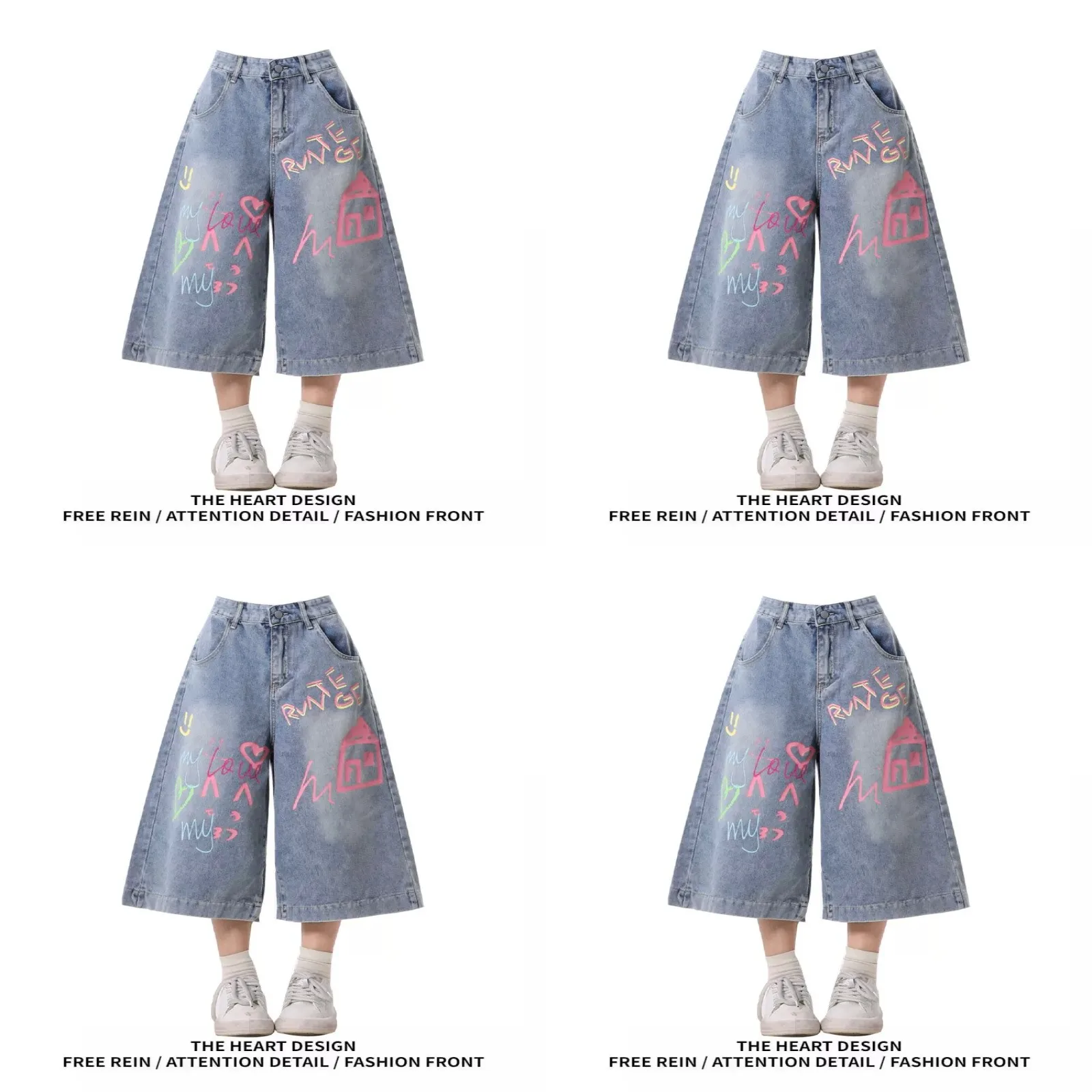 Denim Capri Pants for Women Summer Graffiti Print Wide Leg Mid Calf Loose Streetwear Shorts